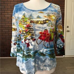 Take Two Blue Scenic Christmas Top‎ L Snowy Cottage Sleigh Snowman 100% Cotton
